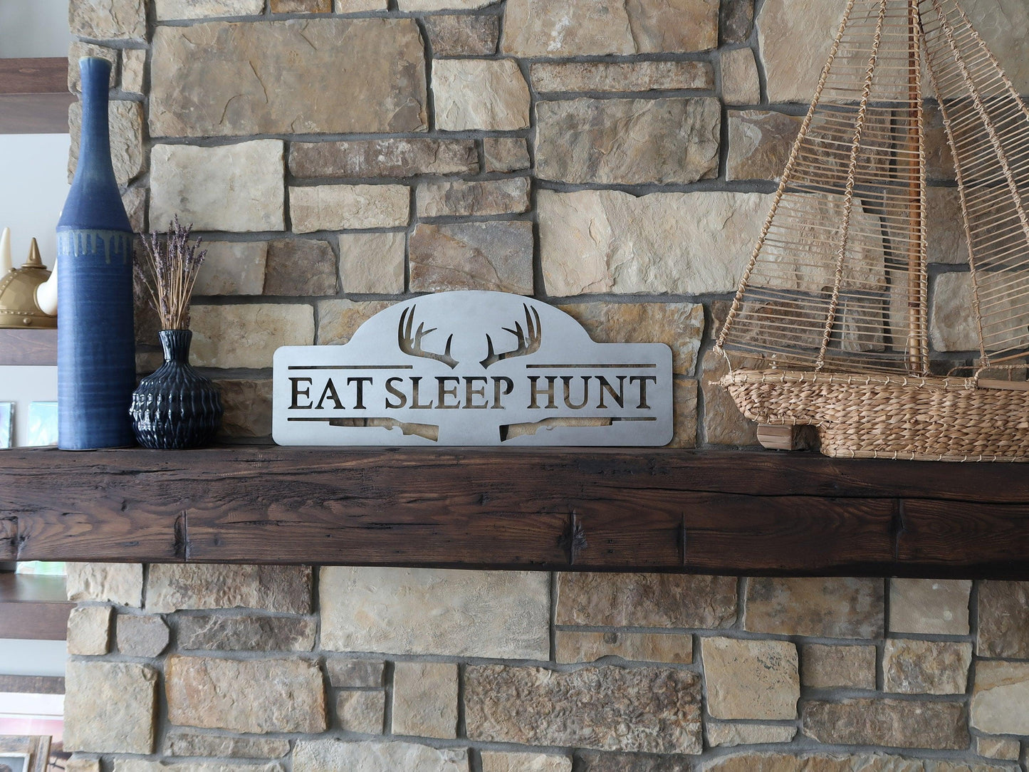 Eat Sleep Hunt Metal Sign, Hunting Wall Decor, Antler Art - properfabrication