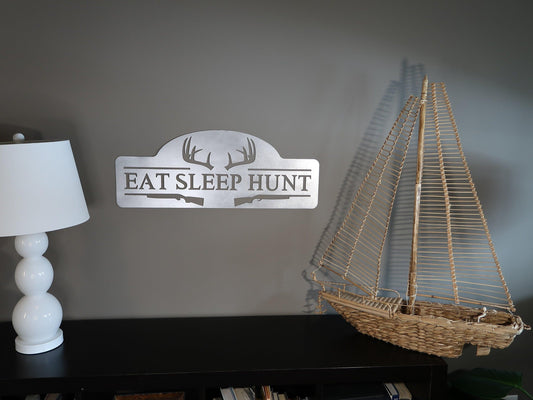 Eat Sleep Hunt Metal Sign, Hunting Wall Decor, Antler Art - properfabrication